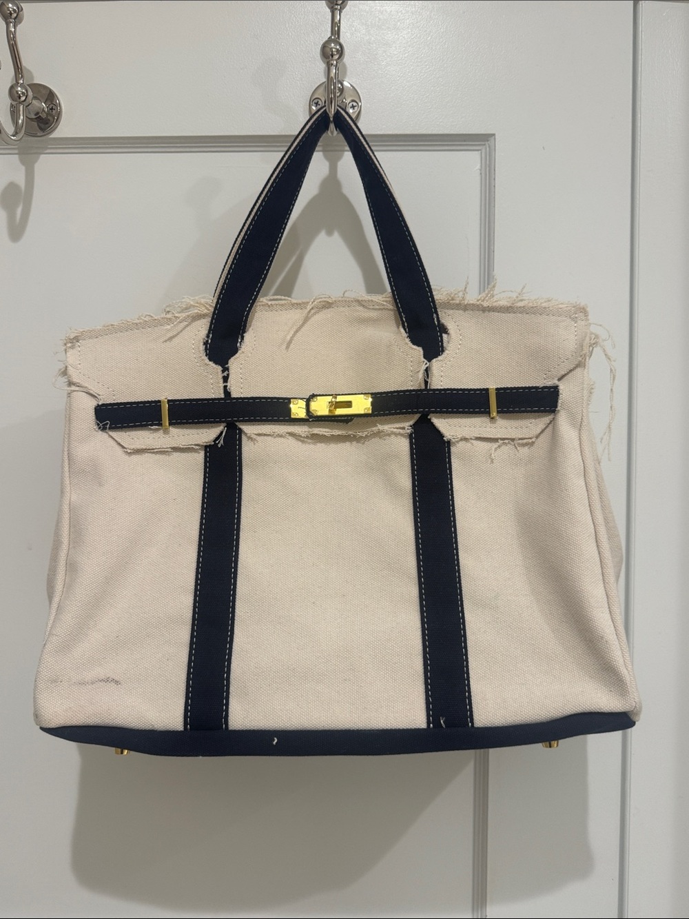 Boatkin Canvas Tote • Navy Trim • Gold Hardware • Birkin-Inspired